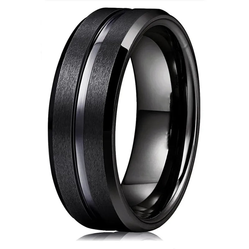 Fashion 8mm Men's Black Tungsten Wedding Band Rings Black Groove Beveled Edge Engagement Ring for Men's Valentine Gift
