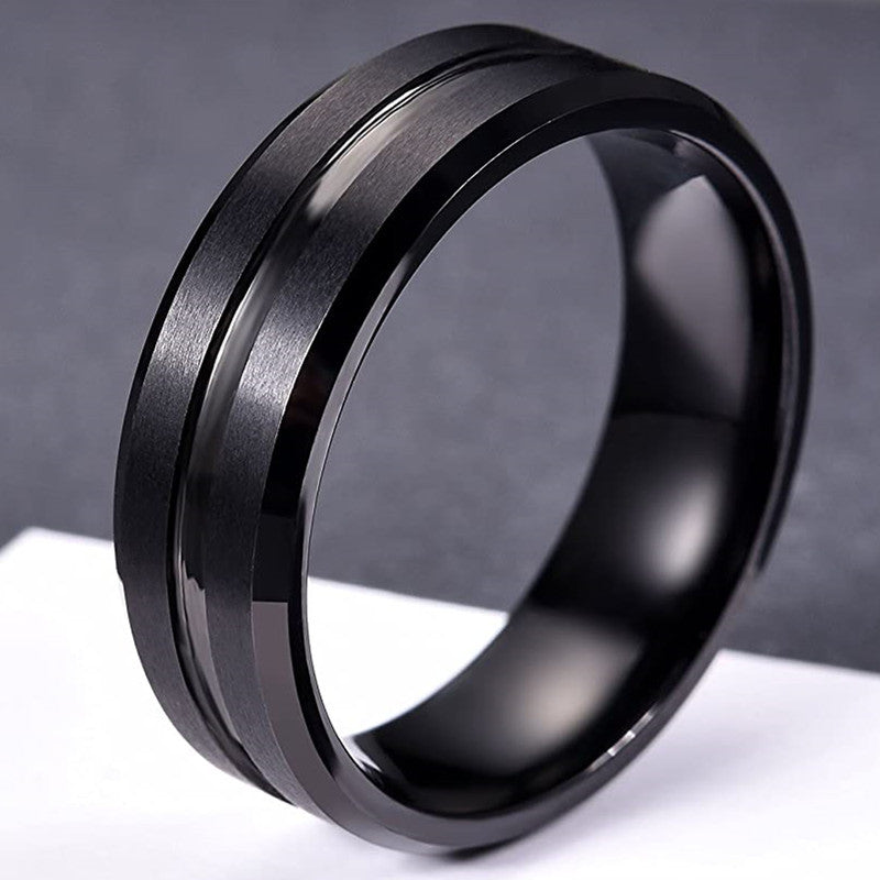 Fashion 8mm Men's Black Tungsten Wedding Band Rings Black Groove Beveled Edge Engagement Ring for Men's Valentine Gift