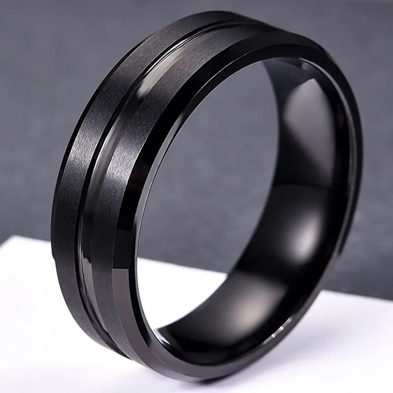 Fashion 8mm Men's Black Tungsten Wedding Band Rings Black Groove Beveled Edge Engagement Ring for Men's Valentine Gift