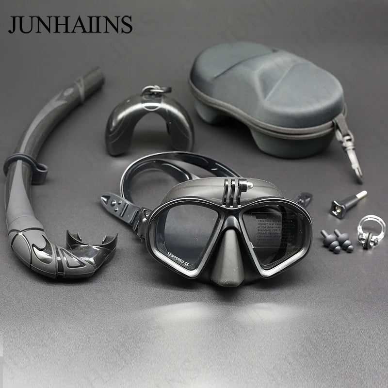 Wet Go-pro Mount Low Volume Diving Mask Tempered Glass Freedive Mask J-type Diving Mask Snorkel Set with Camera Mount Black