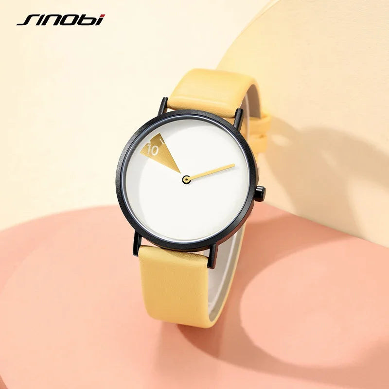 Sinobi Creative Women Watch Fashion Luxury Wristwatch Rotate Yellow Leather Band Ladies Watch Clock Montres Femme Reloj Mujer