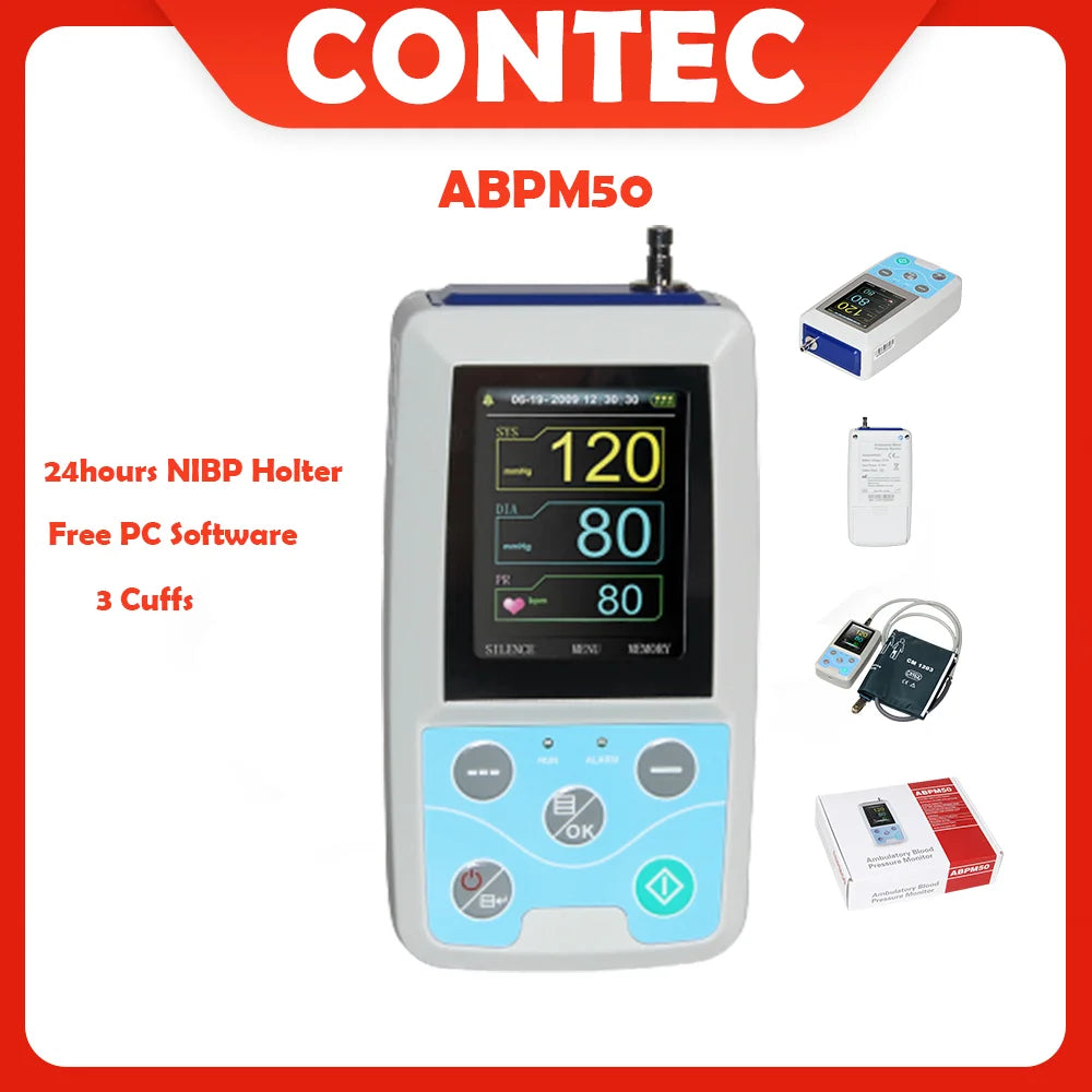 CONTEC ABPM50 Arm Ambulatory Blood Pressure Monitor 24hours NIBP Holter + Adult,Child ,Large ,3 Cuffs, Free PC Software