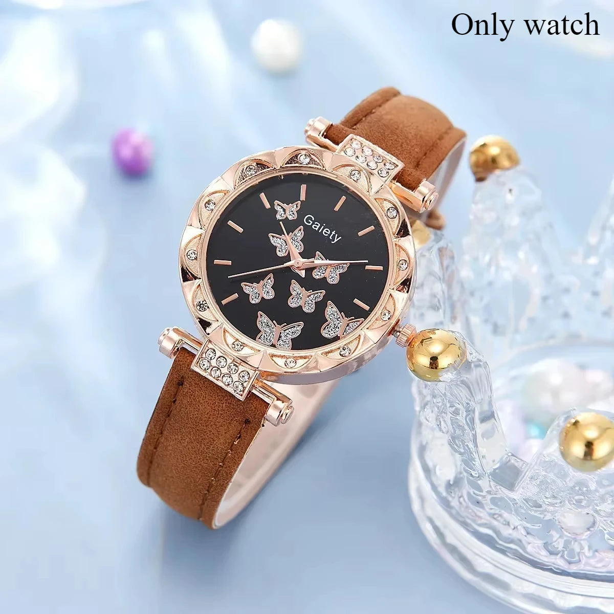 6/1pcs Set Women Watch Ring Necklace Earrings Bracelet Set Watches Butterfly Leather Strap Ladies Quartz WristWatch (No Box)