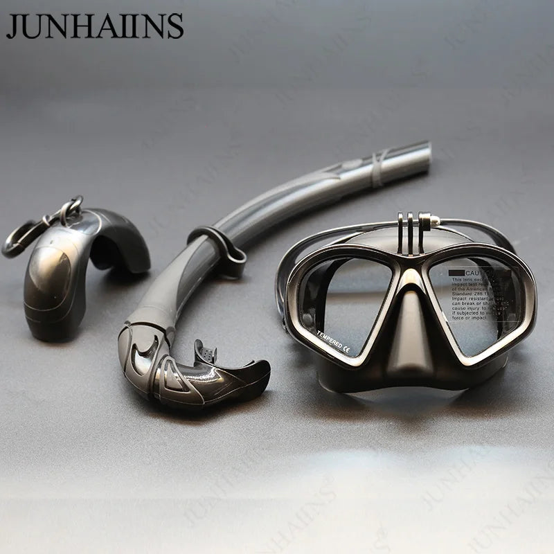 Wet Go-pro Mount Low Volume Diving Mask Tempered Glass Freedive Mask J-type Diving Mask Snorkel Set with Camera Mount Black