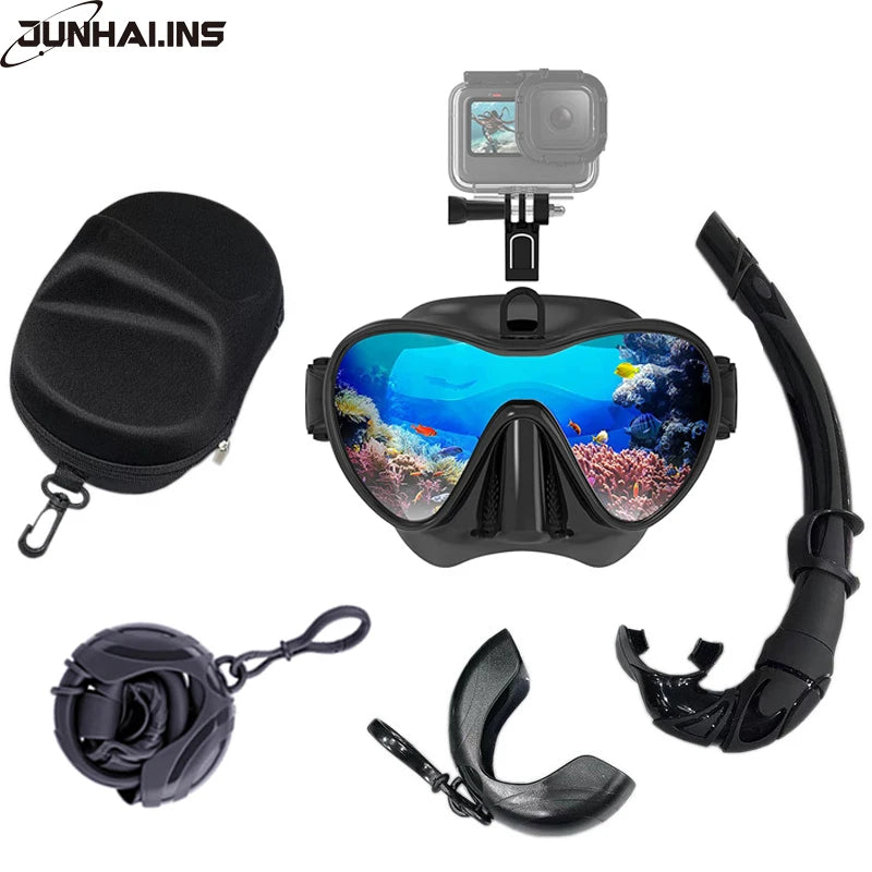 Wet Go-pro Mount Low Volume Diving Mask Tempered Glass Freedive Mask J-type Diving Mask Snorkel Set with Camera Mount Black