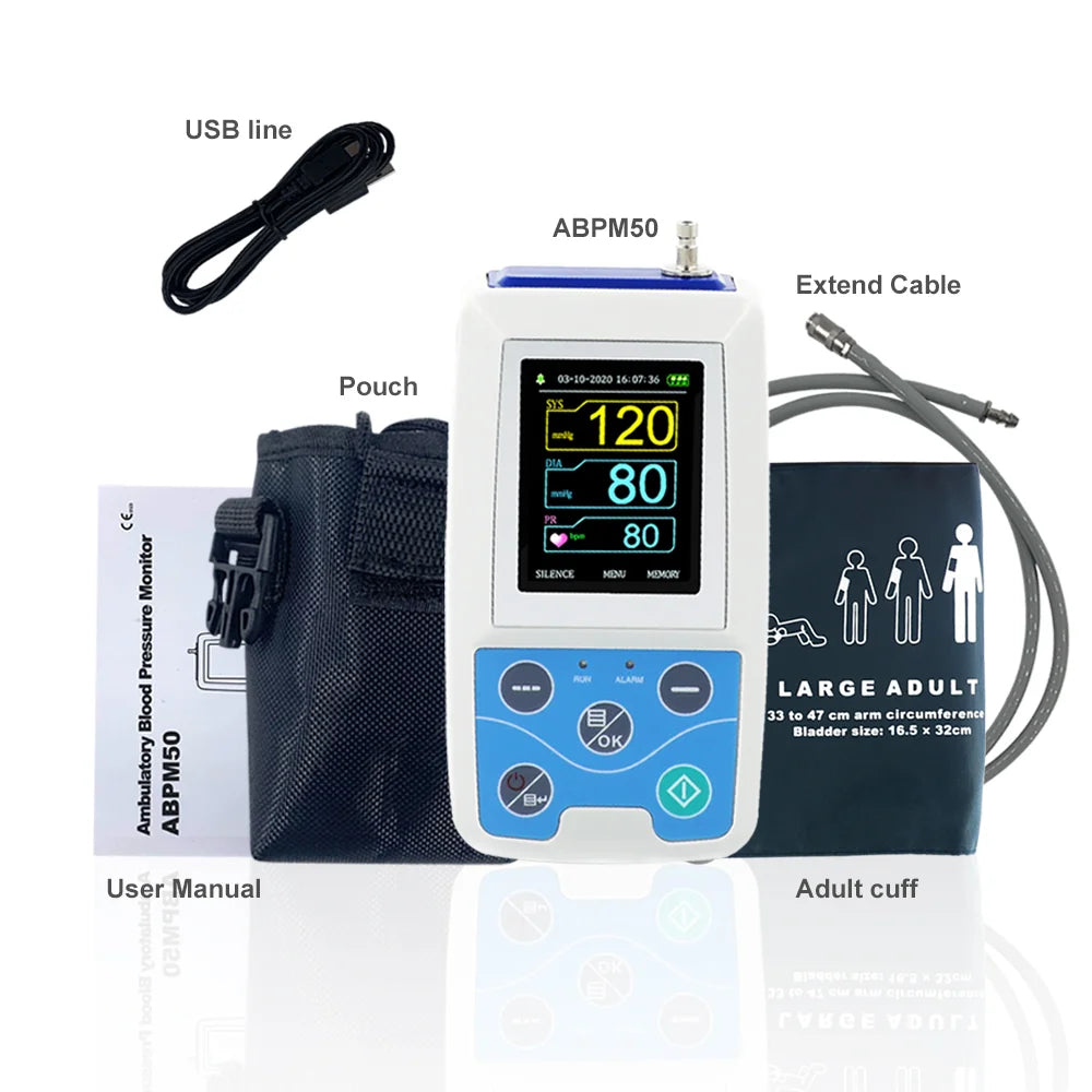 CONTEC ABPM50 Arm Ambulatory Blood Pressure Monitor 24hours NIBP Holter + Adult,Child ,Large ,3 Cuffs, Free PC Software