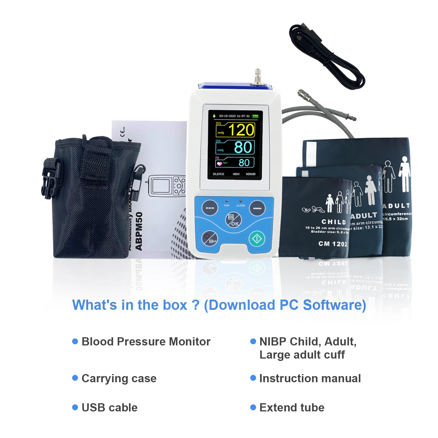 CONTEC ABPM50 Arm Ambulatory Blood Pressure Monitor 24hours NIBP Holter + Adult,Child ,Large ,3 Cuffs, Free PC Software