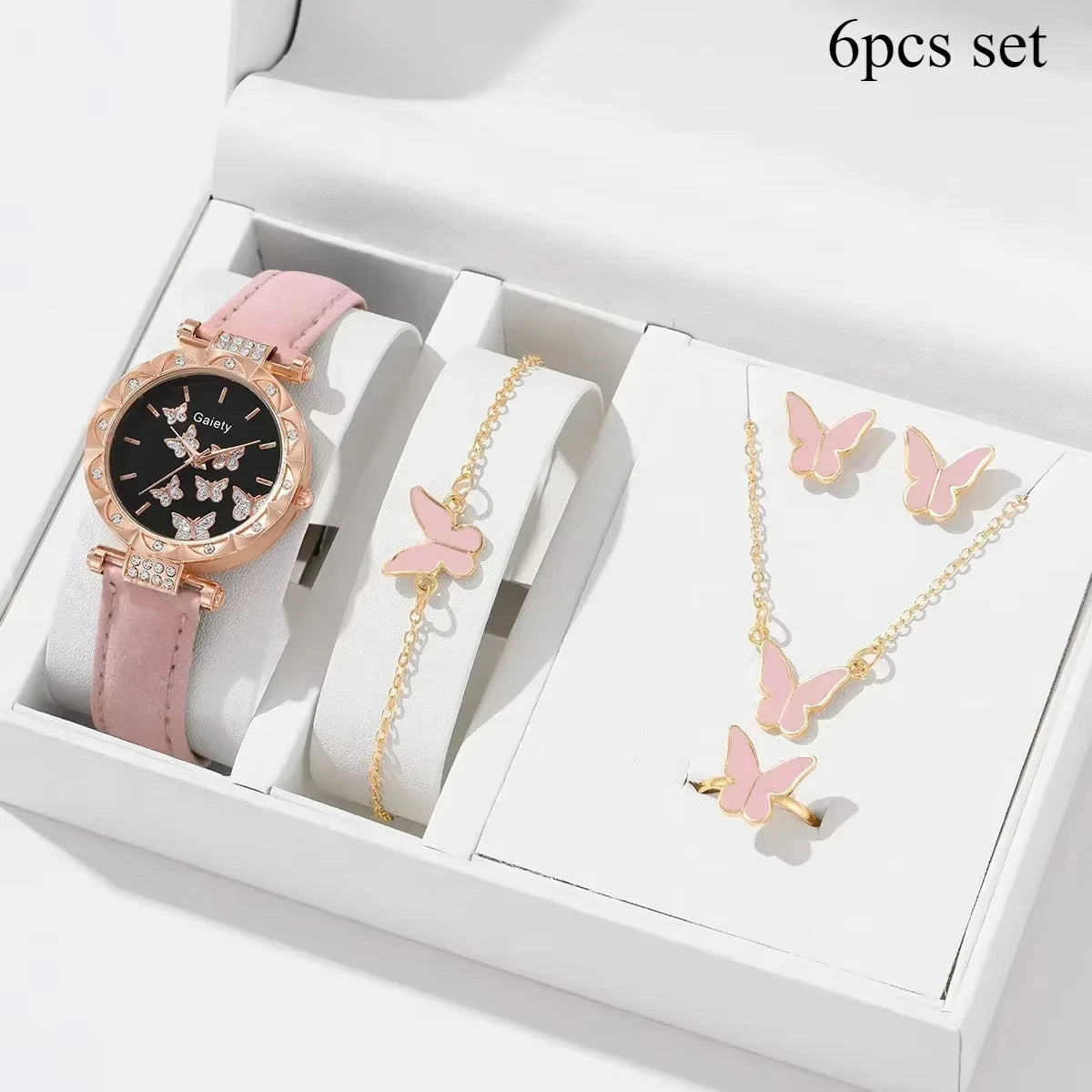 6/1pcs Set Women Watch Ring Necklace Earrings Bracelet Set Watches Butterfly Leather Strap Ladies Quartz WristWatch (No Box)