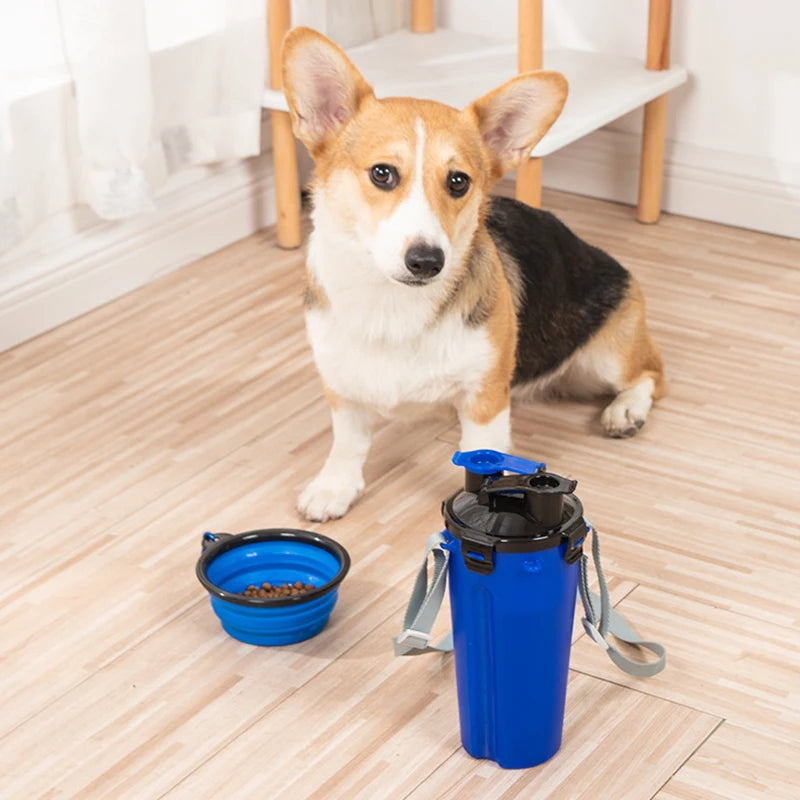 2 IN 1 Dog Cat Travel Water Bottle Food Container with Folding Silicone Bowl Outdoor Double Used Pet Water Bottle Feeding Bowls