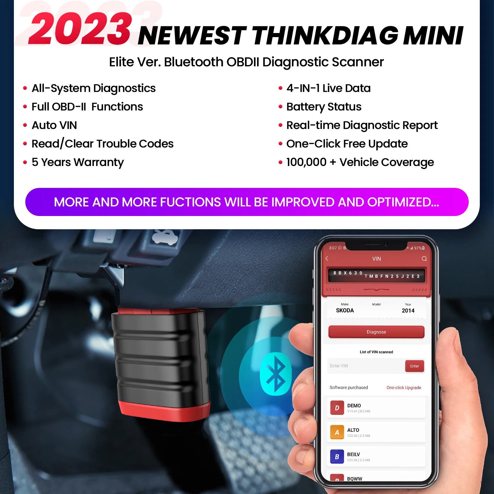 THINKCAR Thinkdiag Mini Bluetooth OBD2 Scanner Diagnostic Tool Full-System Car Scanner Check Engine Light Fault Code Reader Tool