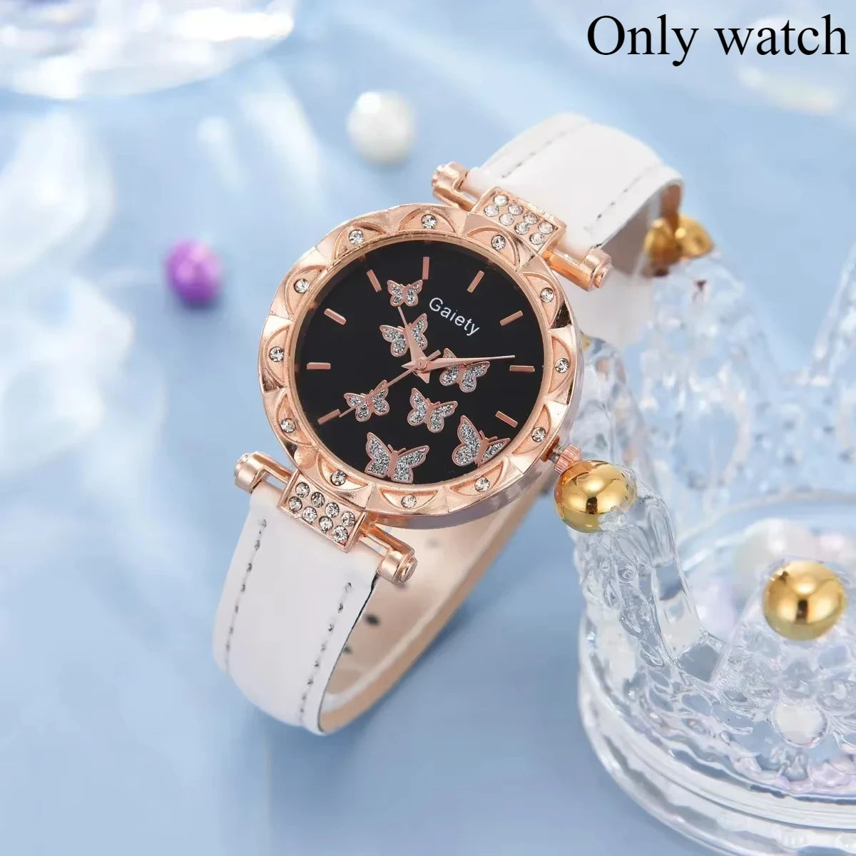 6/1pcs Set Women Watch Ring Necklace Earrings Bracelet Set Watches Butterfly Leather Strap Ladies Quartz WristWatch (No Box)