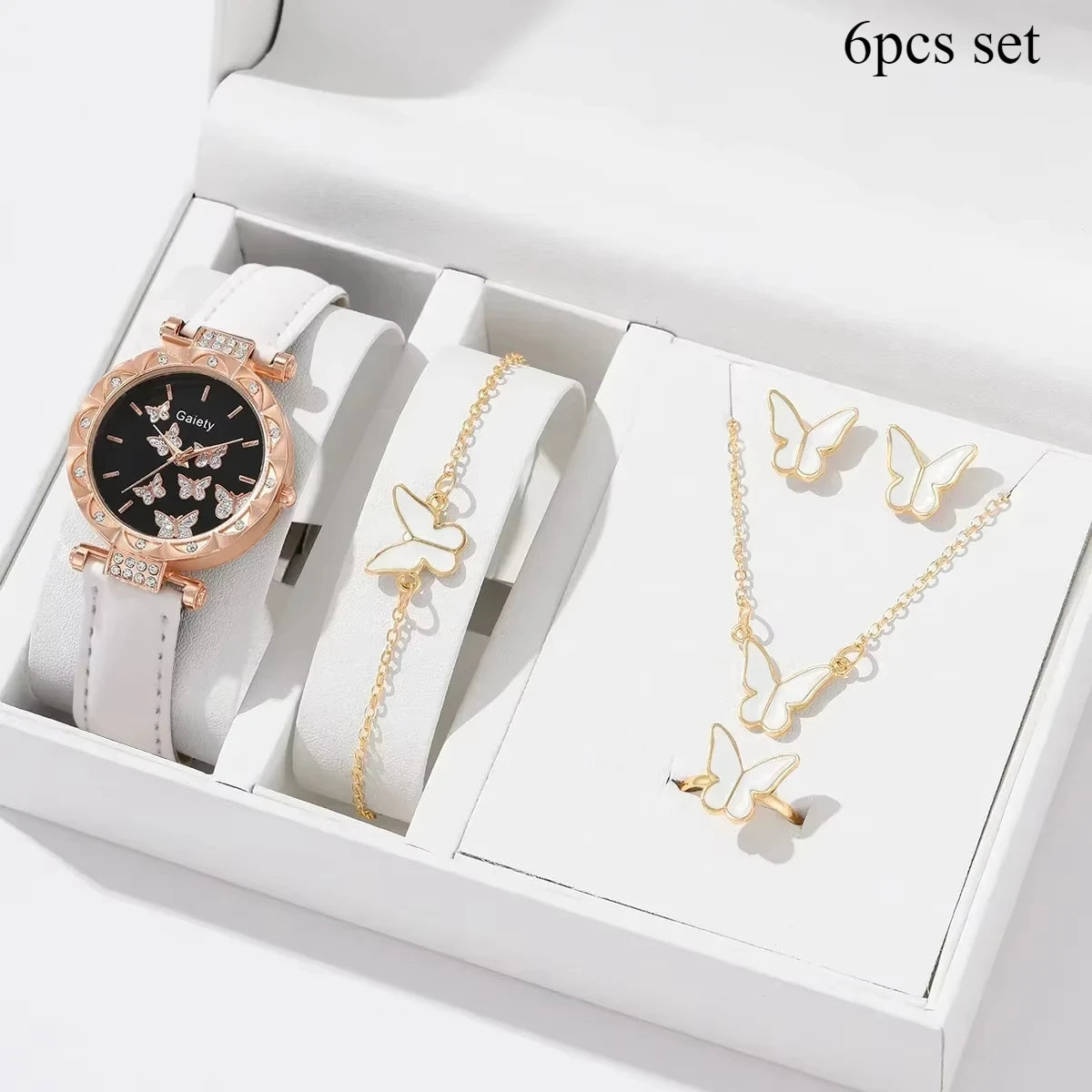 6/1pcs Set Women Watch Ring Necklace Earrings Bracelet Set Watches Butterfly Leather Strap Ladies Quartz WristWatch (No Box)